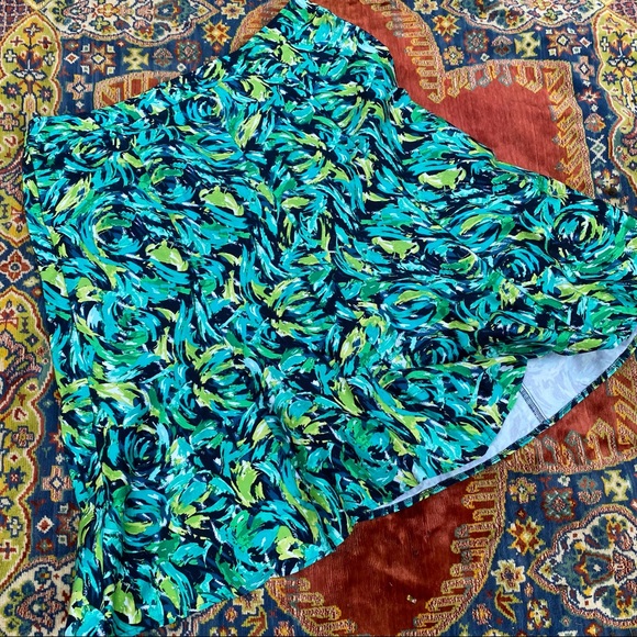 R.Q.T Casual Green Swirl Blue Cotton Spandex Midi Ruffle Skirt Women Large L - Picture 4 of 5